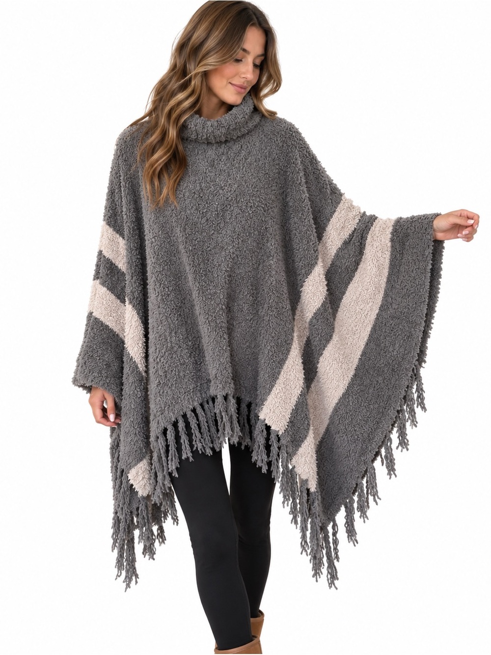 Barefoot Dreams CozyChic Gray Striped Fringe Poncho One Size